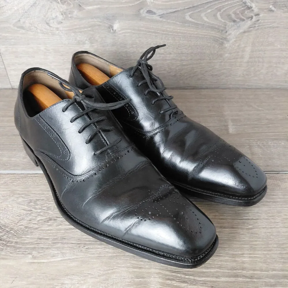 HERMES Paris Mens Black Leather Brogue Oxford Square Toe Dress Shoes Size 9